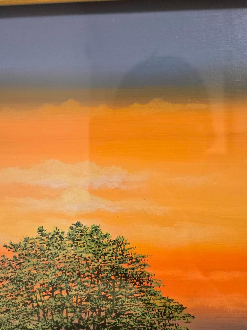 一枚の絵　上代誠　「朝」　肉筆　保証　油彩　約6号　風景画　木　夕日　共箱