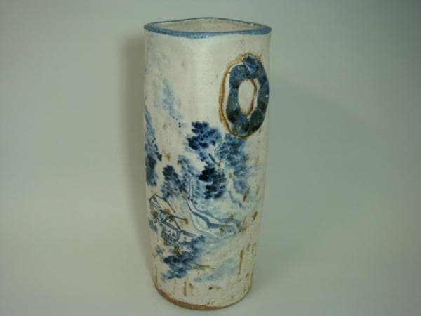 花瓶■青木木米「聾米造」江戸期（徳川時代）古い染付筒花器山郷山水 時代 骨董■