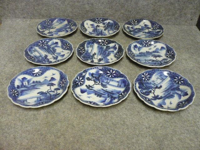 伊万里 風景図 染付 中皿 9枚 [B31421]