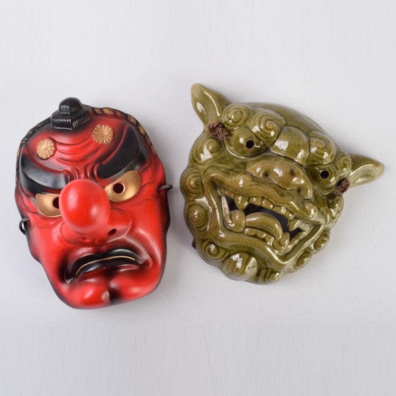 能面　能楽　雅楽　陶器製　獅子　天狗　お面　2点まとめて　N　9081A