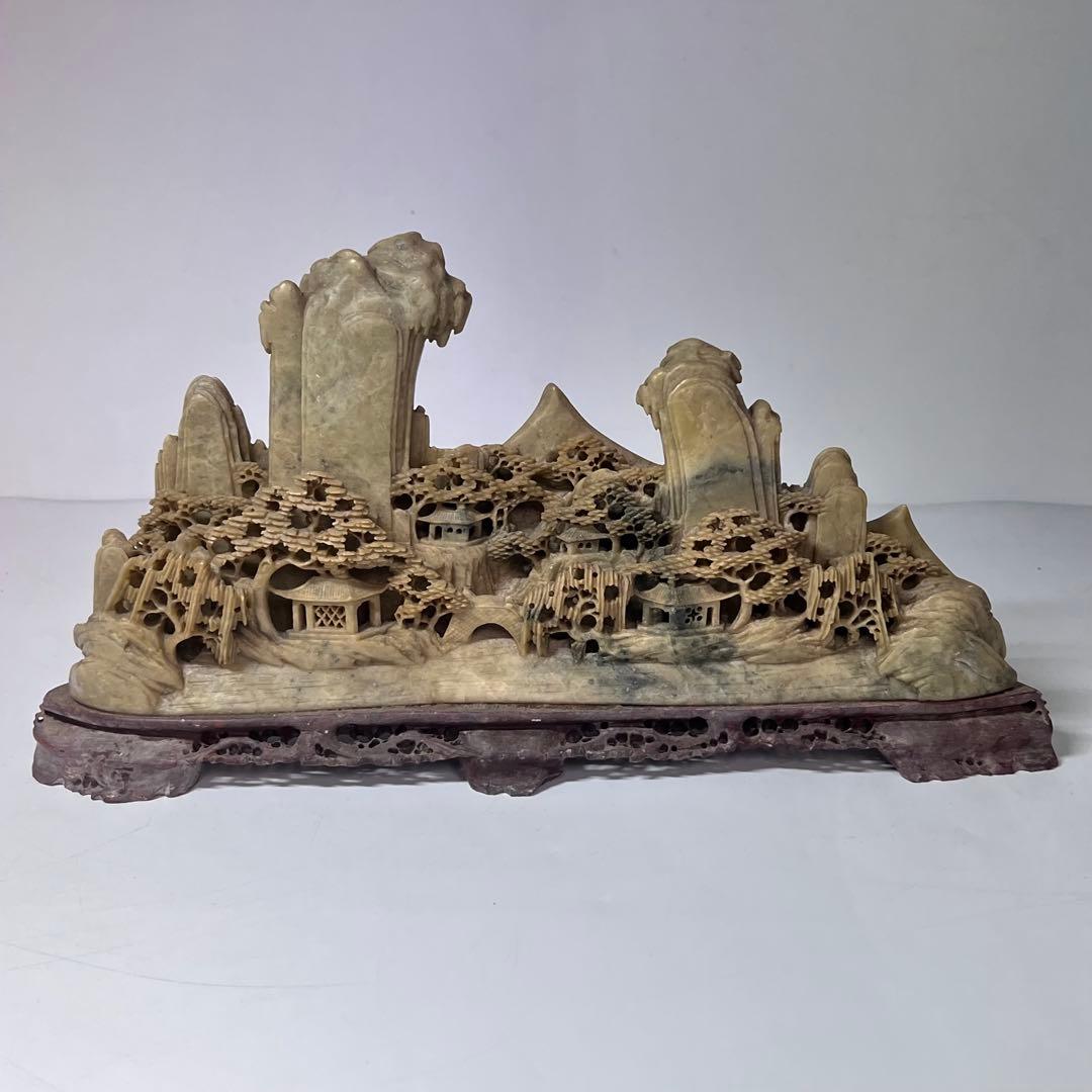 中国 寿山石楼閣山水雕 床飾 置物 彫刻