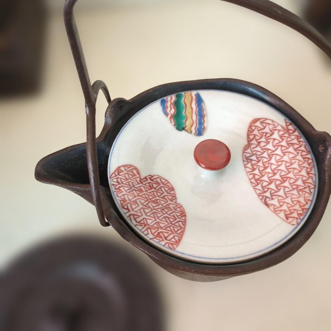 骨董　燗鍋　燗付　鋳鉄製　替蓋　酒器　茶道具　陶器蓋付き