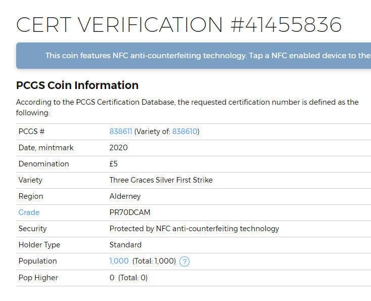 2020年 オルダニー スリーグレイセス 2オンス銀貨PCGS PR70DCAM