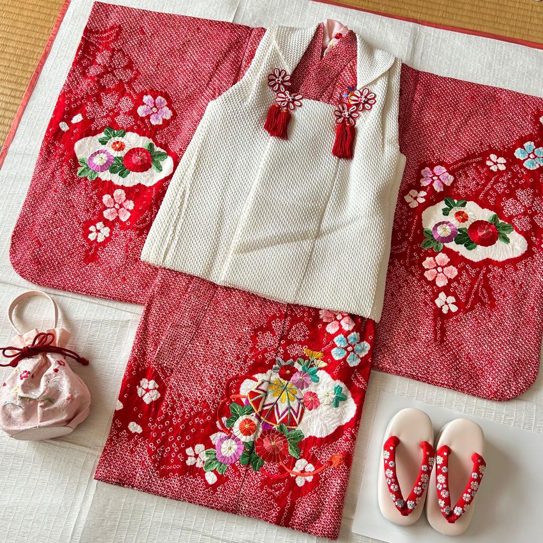 七五三 3歳 総絞り 着物 正絹 被布 三歳 赤 草履 753 金駒刺繍 赤白