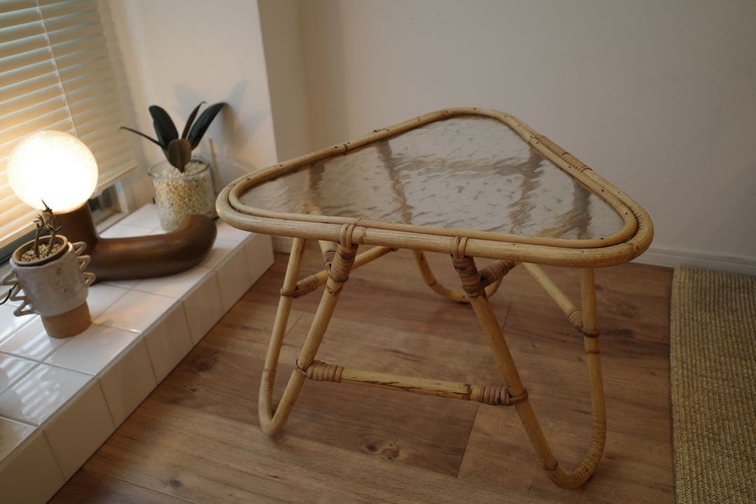 vintage ラタン ガラス △ サイドテーブル