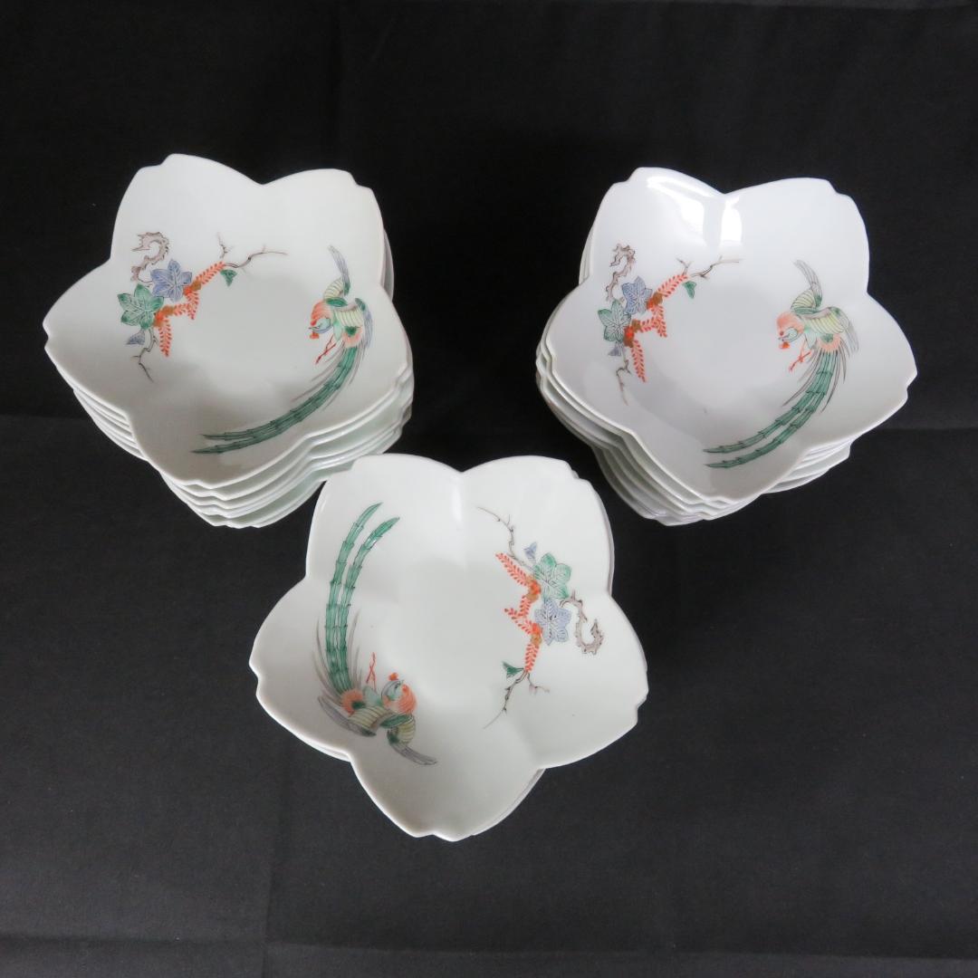 錦桐鳳凰五寸皿 鳳凰皿 輪花型 変形皿 色絵付 古伊万里 明治 共箱 21枚