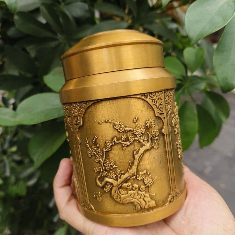 銅 細工 梅蘭竹菊茶缶 密封貯蔵缶 茶道工芸品 置物