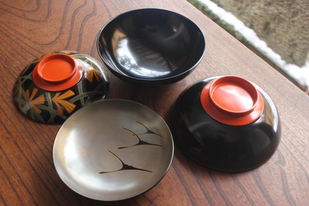 デッドストック！極上ススキ文に優美な内銀雁蒔絵の大椀2点（検輪島塗蒔絵椀雑煮椀