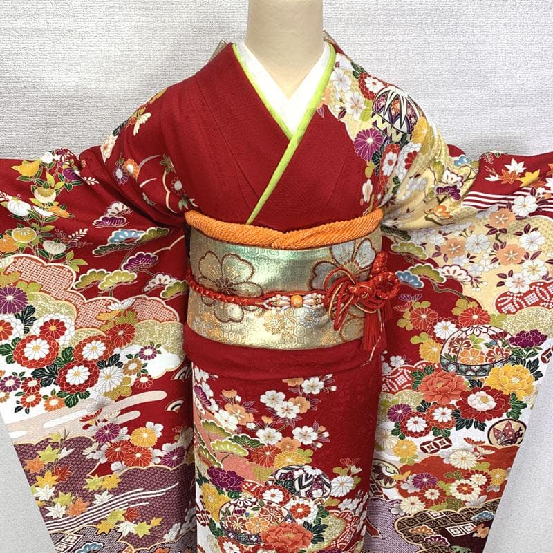 508z8〇京都きもの友禅 古典柄 振袖 地紋 毬 松竹梅 赤〇成人式 結婚式
