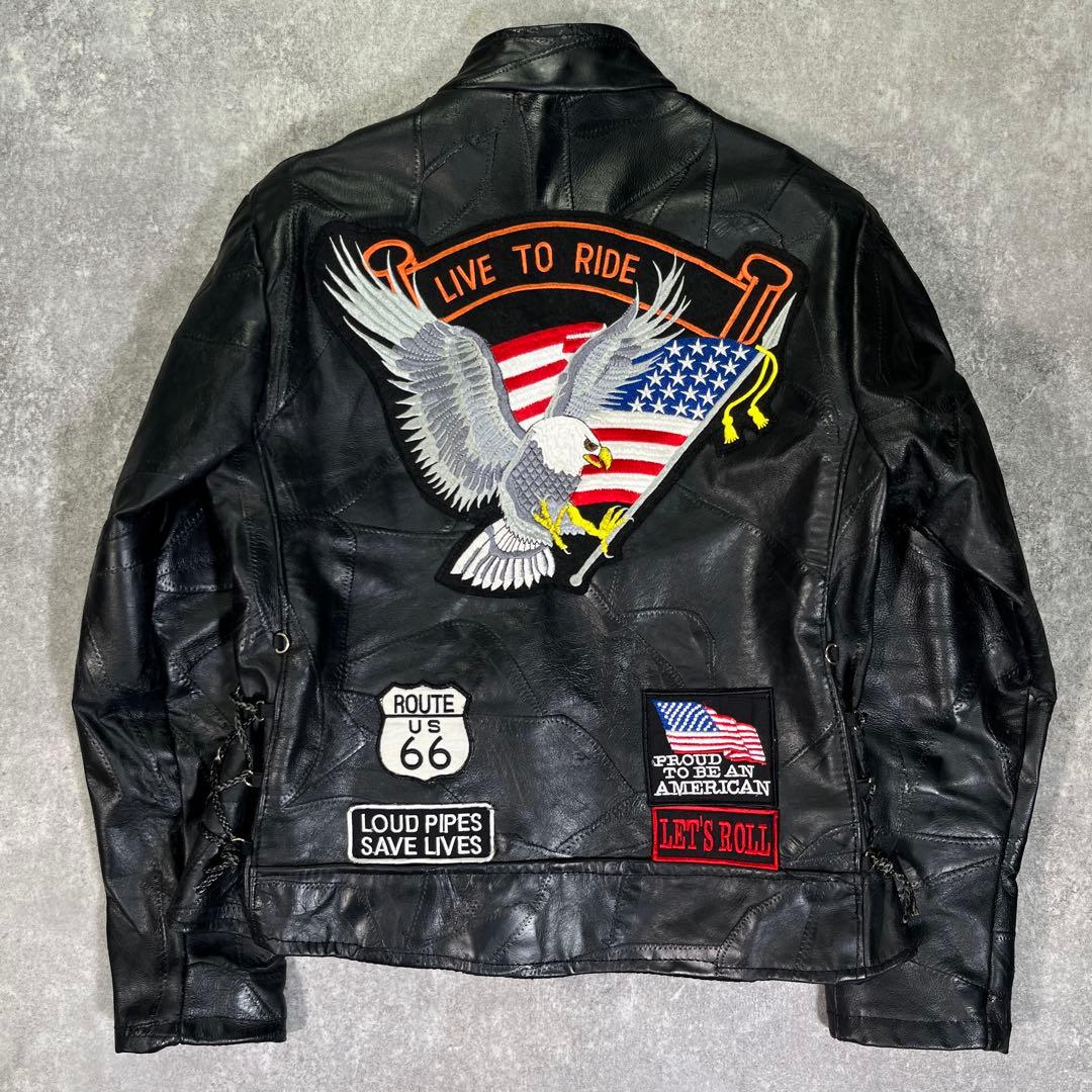バッファロー レザー ライダースジャケット つぎはぎ 黒 ワッペン　イーグル
