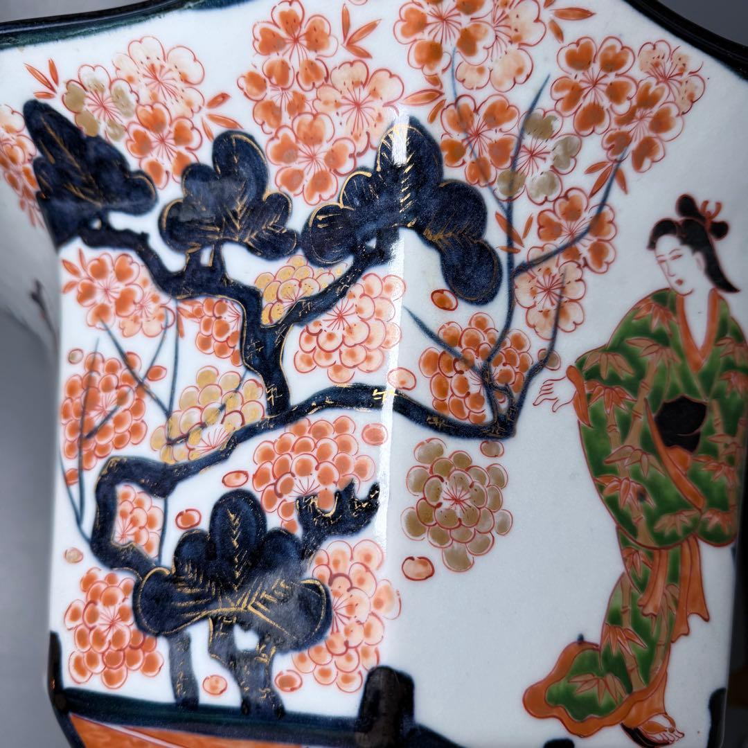幕末〜明治期　染錦美人図大鉢　盆栽　植木鉢　高さ26cm　直径37.5cm
