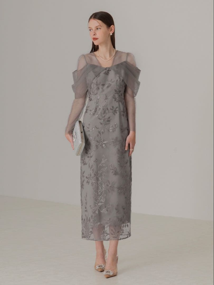 チュールロングスリーブリーフIラインワンピースドレス結婚式パーティー成人式二次会