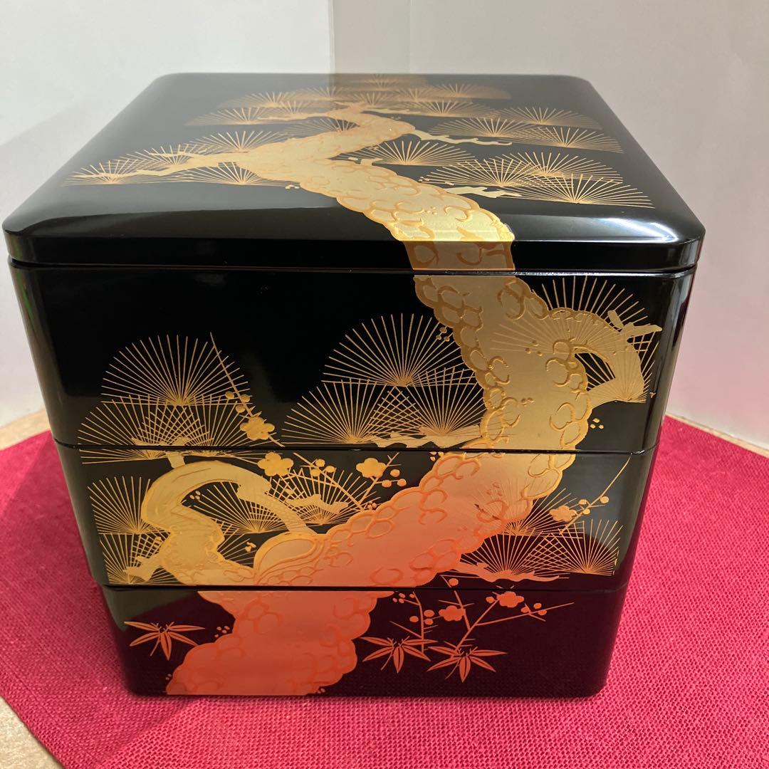 会津塗黒金老松松竹梅3段重箱