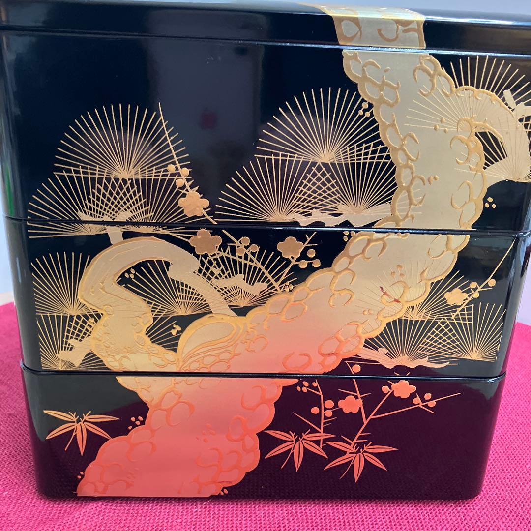 会津塗黒金老松松竹梅3段重箱