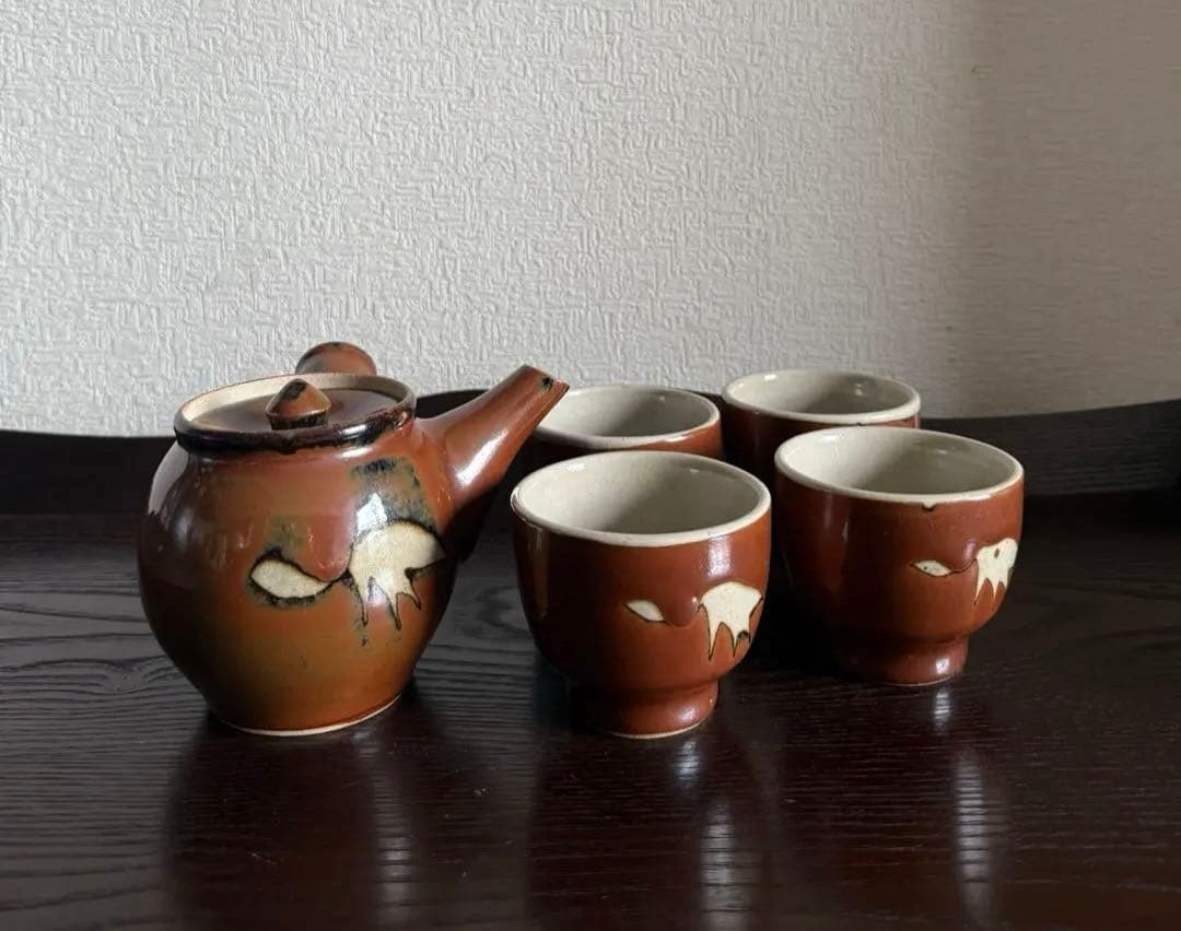 民藝 古作 益子焼 柿釉 抜絵 茶器揃 急須 湯呑み4客 古民藝 民芸