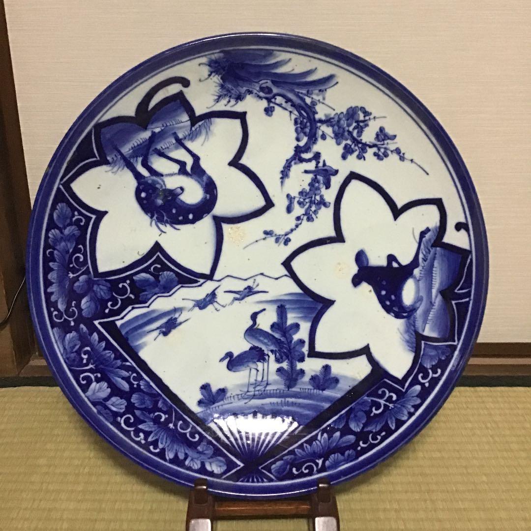 古伊万里染付扇面鹿に鶴の図大皿