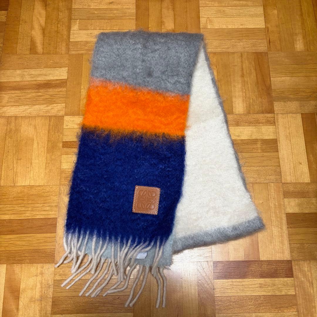 【超美品】LOEWE ロエベ マフラー モヘア ロゴ ボーダー グレー ホワイト