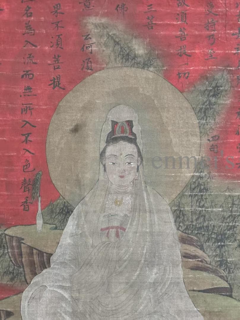 中国古美術 唐代 呉道子作款 観音菩薩 佛像図 老絹 手描き 掛け軸 仏教美術