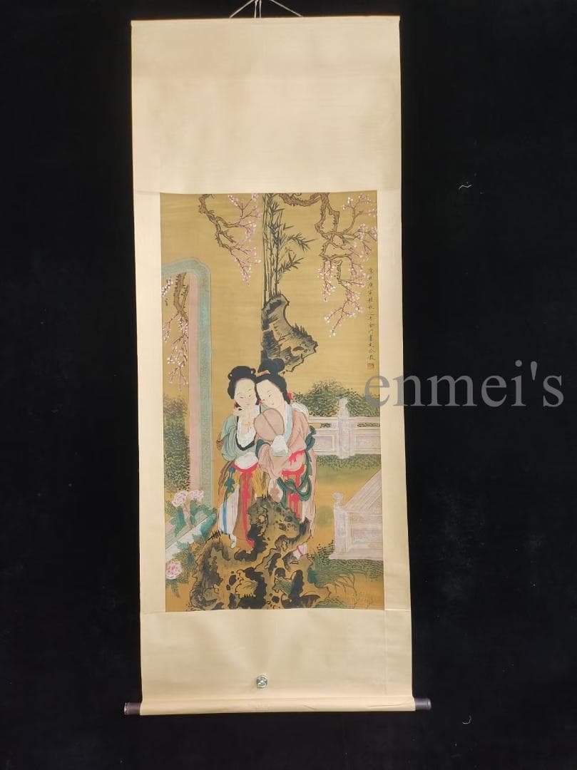 中国古美術 清代 冷枚作款 仕女図 水墨画 絹本 四尺 肉筆 文房置物 掛け軸