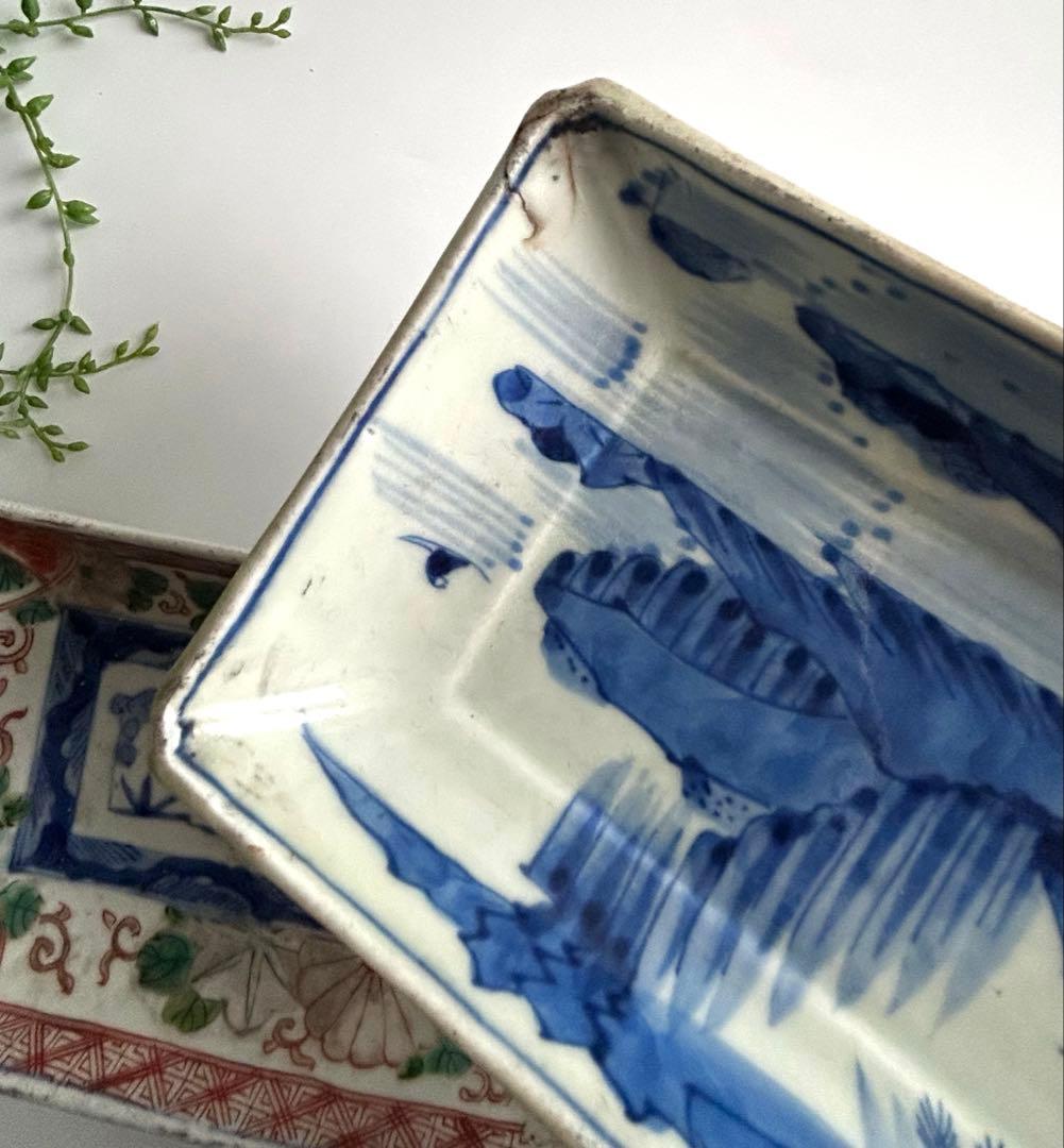 古伊万里　風景 色絵　染錦　角皿 2枚セット