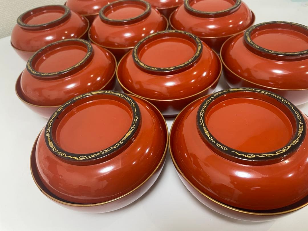 漆器 朱色 椀 10客 金縁 黒縁 輪島塗 吸物椀 蓋付 無地 金彩模様