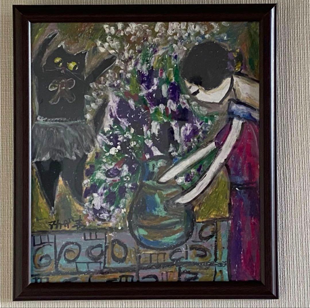 絵画 。壁掛け絵原画手描き【部屋の中で花瓶を片付ける少女とバレエを踊る黒猫】