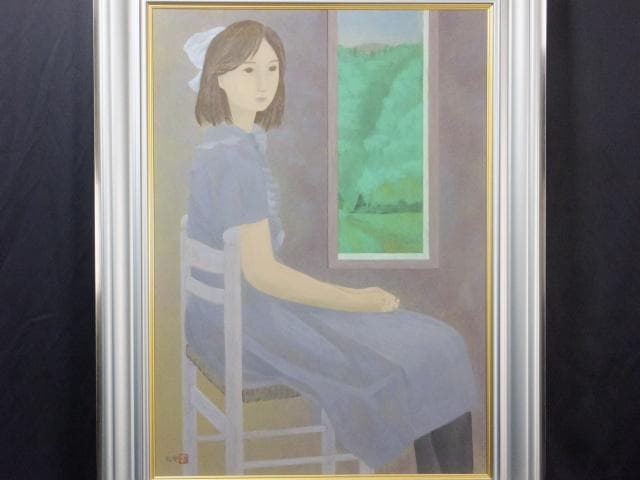 橋本弘安　落款印譜 共シール『窓辺』 日本画　紙本に岩絵具彩色 1011W