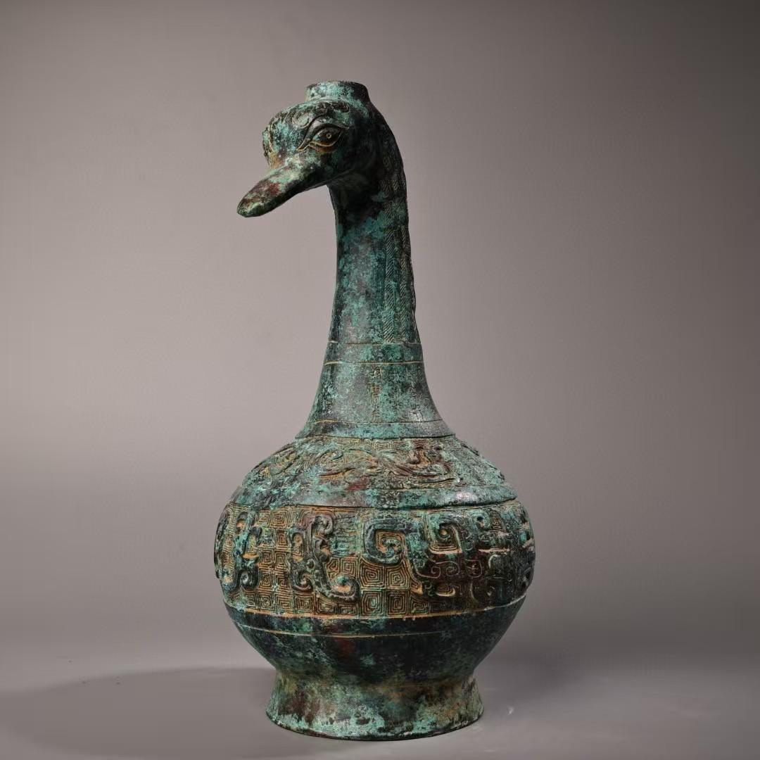 中国古美術 珍蔵 銘文入 青銅 鶴嘴壺 花瓶 時代物 純銅製 風水開運 文房置物