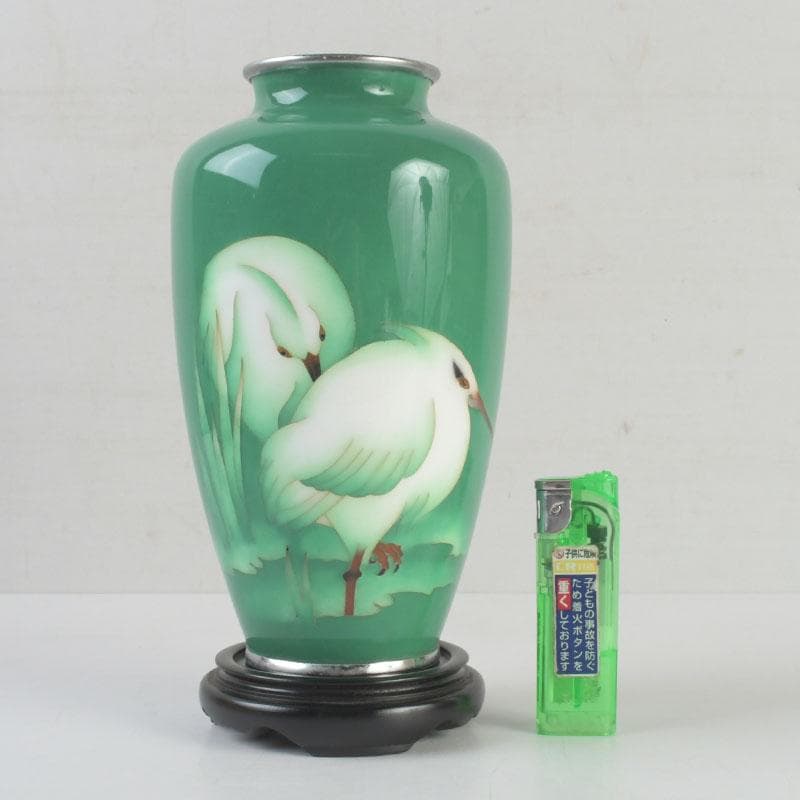 七宝焼　緑釉　双鳥文　花瓶　唐木台付　共箱　V　9586