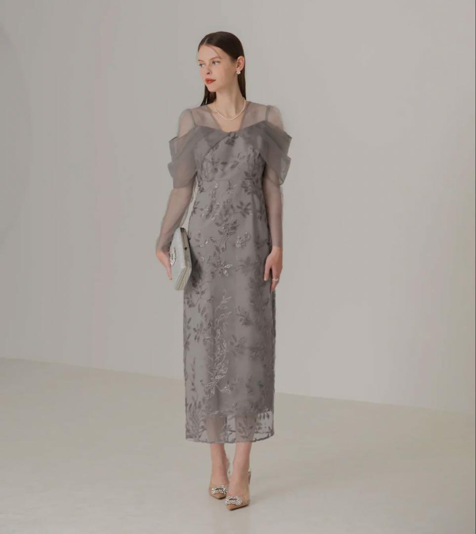 【一回試着】チュールロングスリーブリーフIラインワンピースドレス