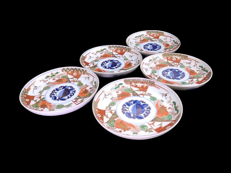 古伊万里　金襴手　松竹梅に鶴亀の図　５寸半皿　５枚　A915AS-CXd