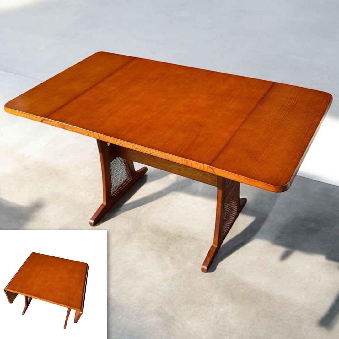 HR622【木目とラタンが美しい】三越ブルージュ　バタフライテーブル　三越家具