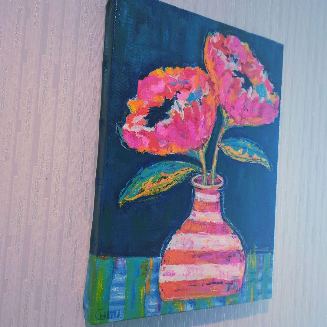キャンバス油絵 　専用　花瓶に入れた二輪のお花