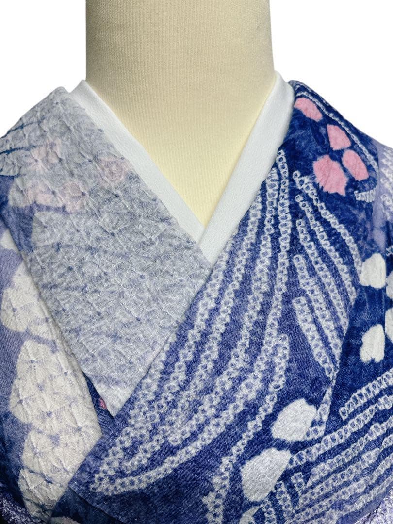 A57美品　有松鳴海絞り 高級浴衣 花 綿　敷当付き　手縫い