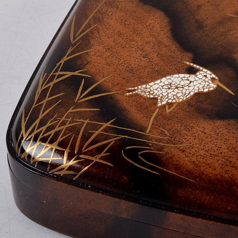 shellkid　井筒鳳斎　内金箔黒柿長四方香合鷺に芦　共箱　V　9126