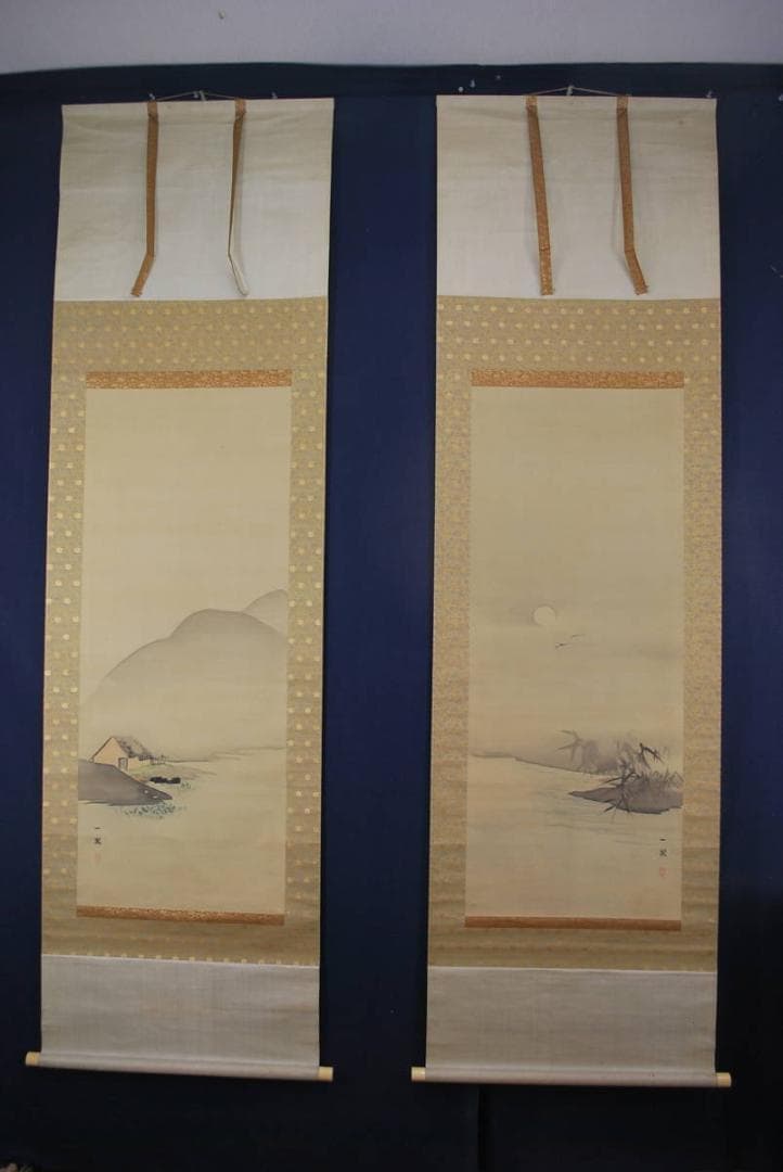 【真作】森一鳳/春秋山水図双幅/掛軸☆宝船☆P-997　J