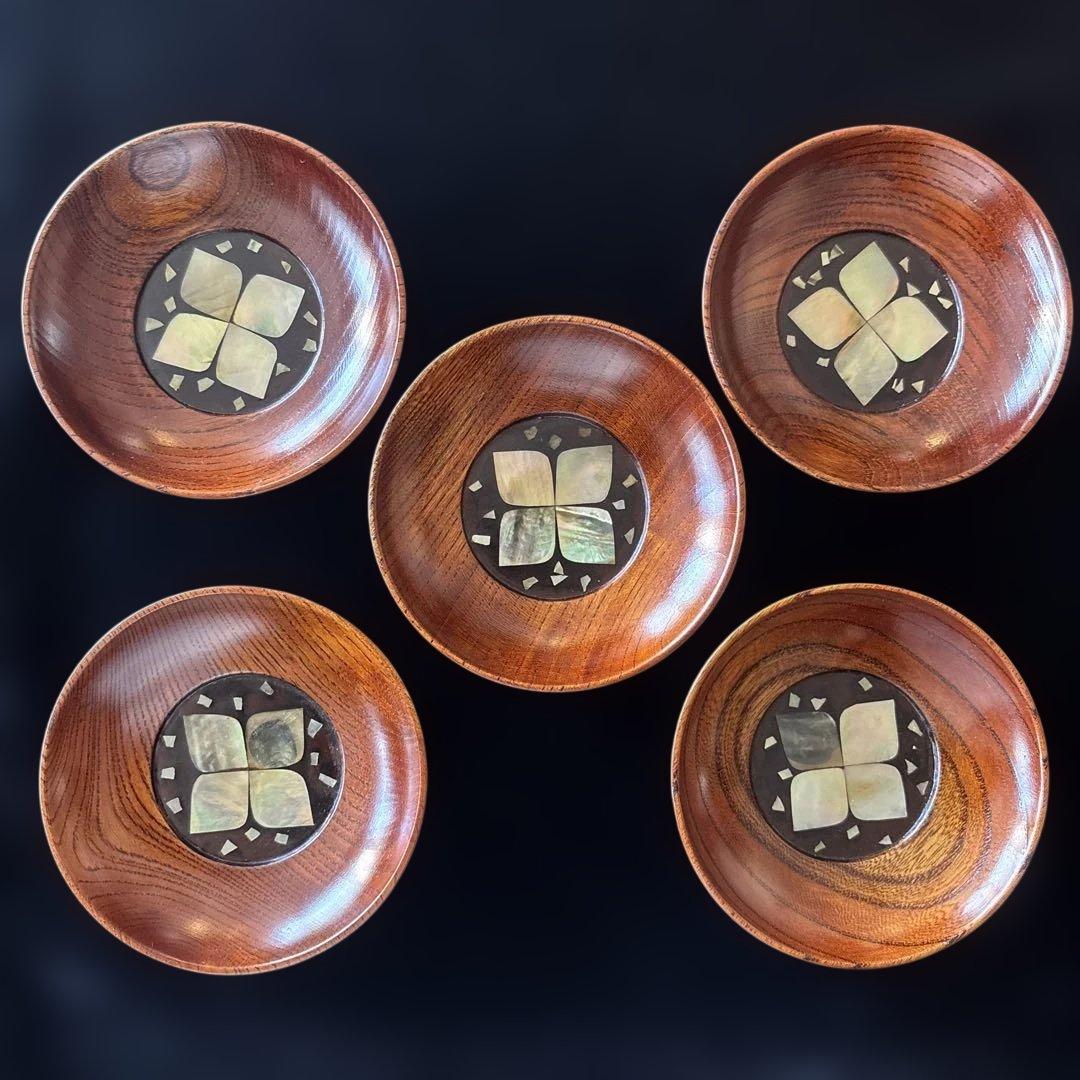 小島雄四郎　螺鈿　欅　小茶托　5枚組　民芸　木箱入　黒田辰秋