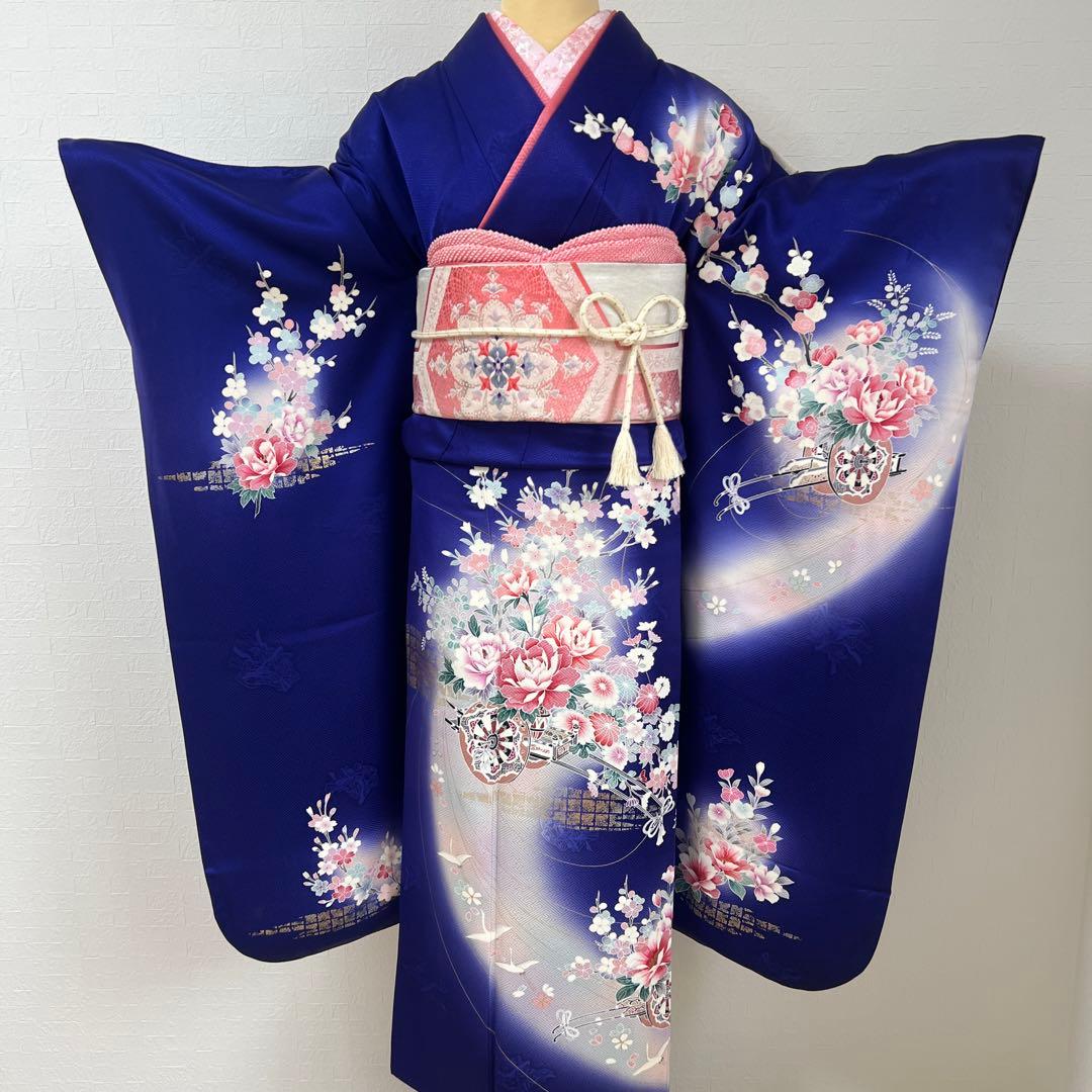 456 振袖フルセット 正絹 紺 青 ブルー ピンク 桃 金彩 暈し染め 華やか