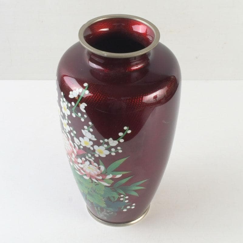 七宝焼　赤透釉　四君子文　花瓶　高さ約31㎝　V　9737A