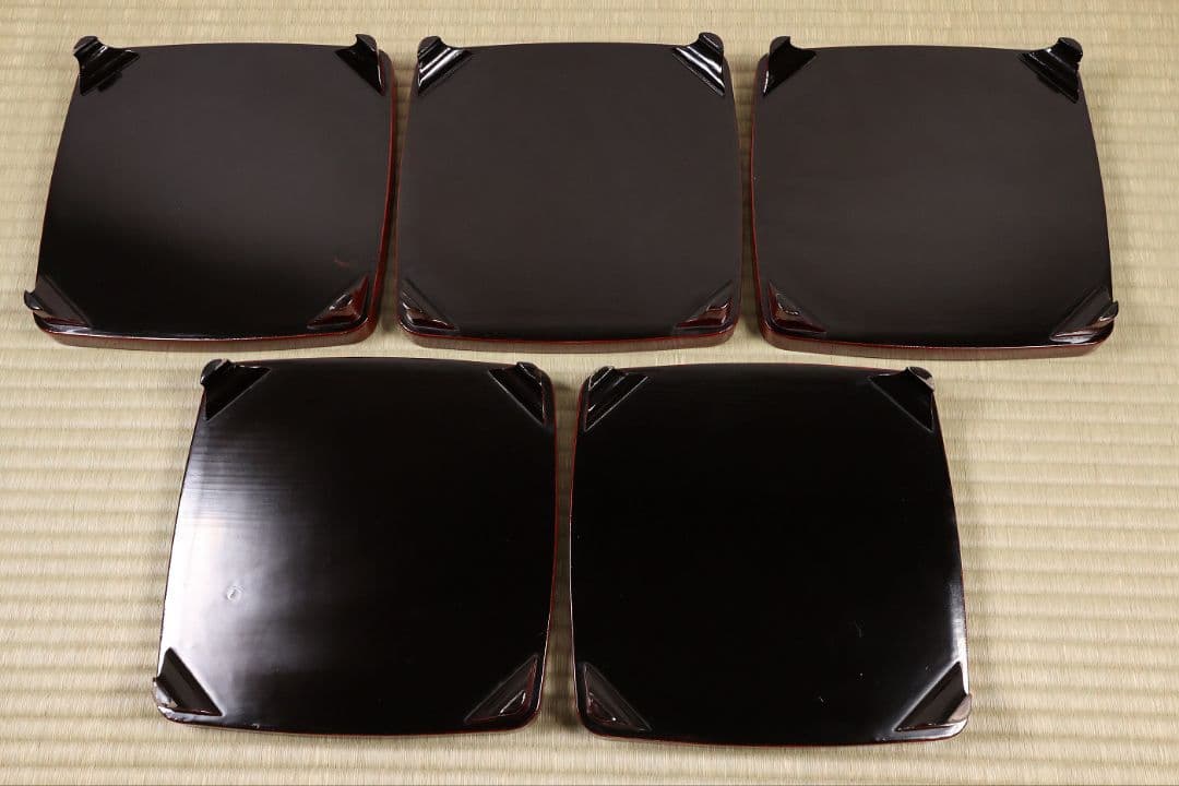 木製漆器 竹鶏蒔絵 吸物膳 五客 溜塗 黒塗 足付 四方膳 茶懐石 CM386