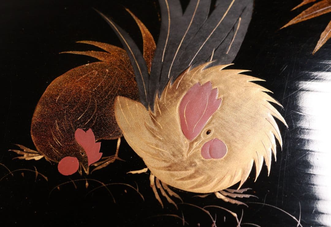 木製漆器 竹鶏蒔絵 吸物膳 五客 溜塗 黒塗 足付 四方膳 茶懐石 CM386