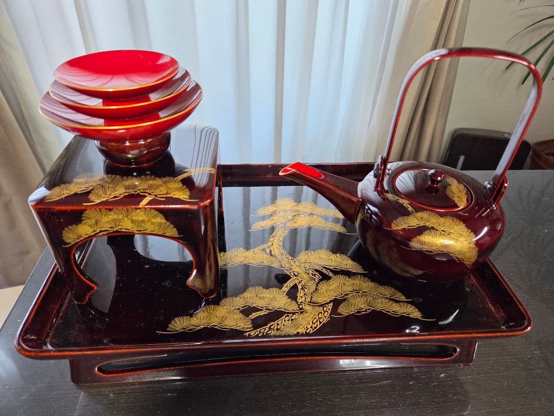 漆器セット 沈金老松 3段重箱　屠蘇器セット