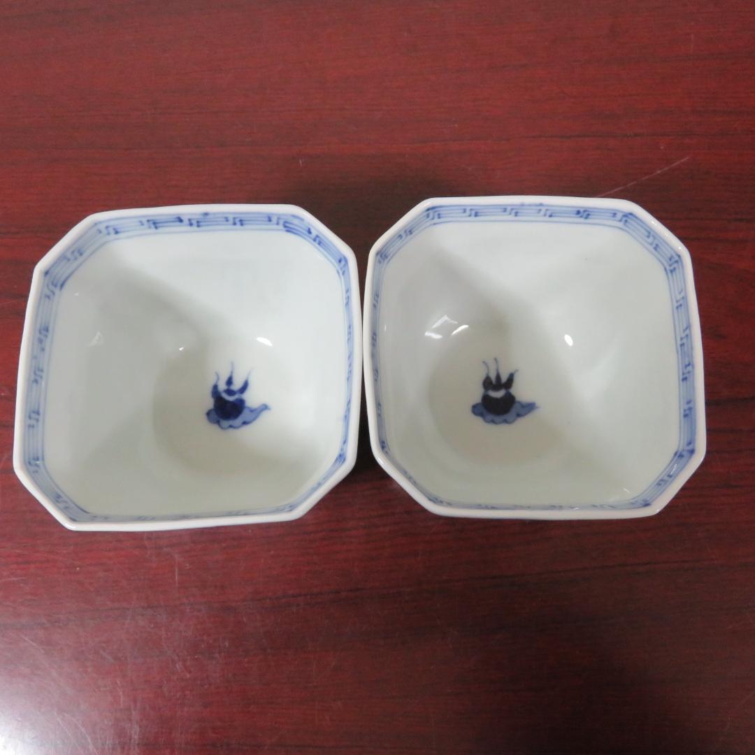 四角向付 2ケ口 染付 山水 鳥 川辺 銘 明治 大正 蔵出し初荷