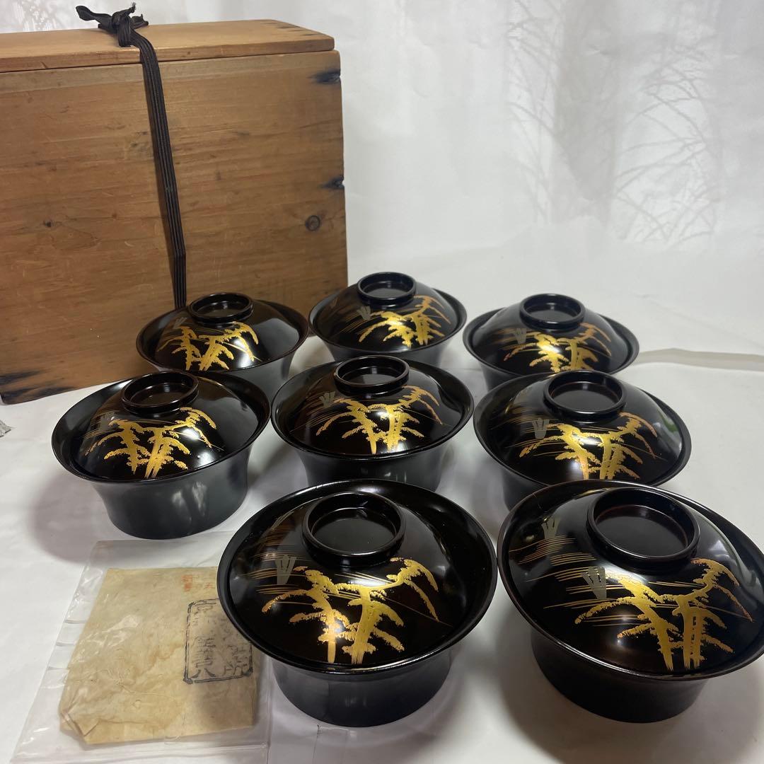 漆器　沈金　金蒔絵　木製　蓋付椀　お煮物椀　吸物椀　8客　骨董品　京都屋　善八