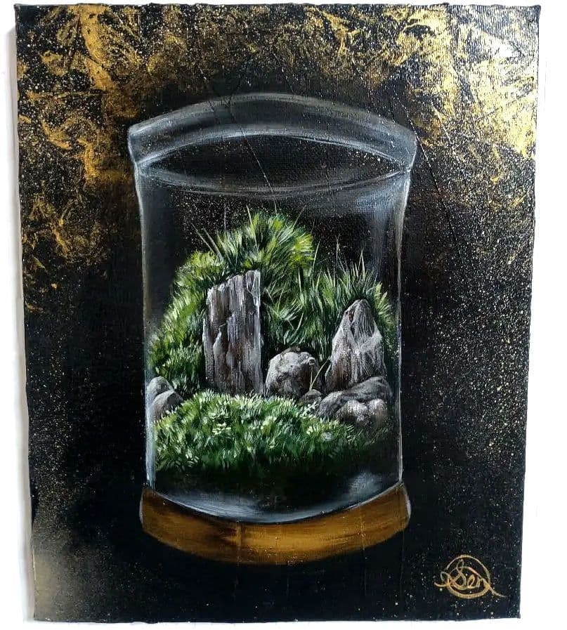 テラリウムの油絵【威厳】1点物の原画アート/作者サイン入り/F3号キャンバス