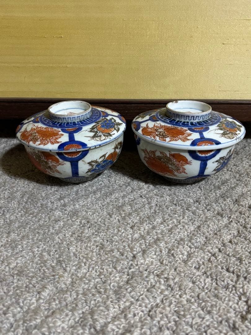 古伊万里色絵金彩蓋茶碗 江戸〜明治期 蓋付き御茶碗 麒麟 銘あり 染付 骨董品