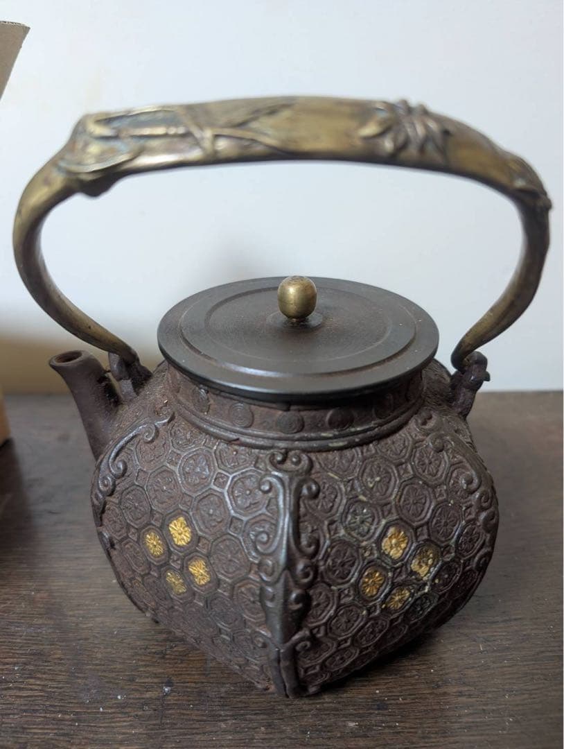 鉄瓶　金　金象嵌　龍文堂　明治　分家　黄銅　鉄蓋