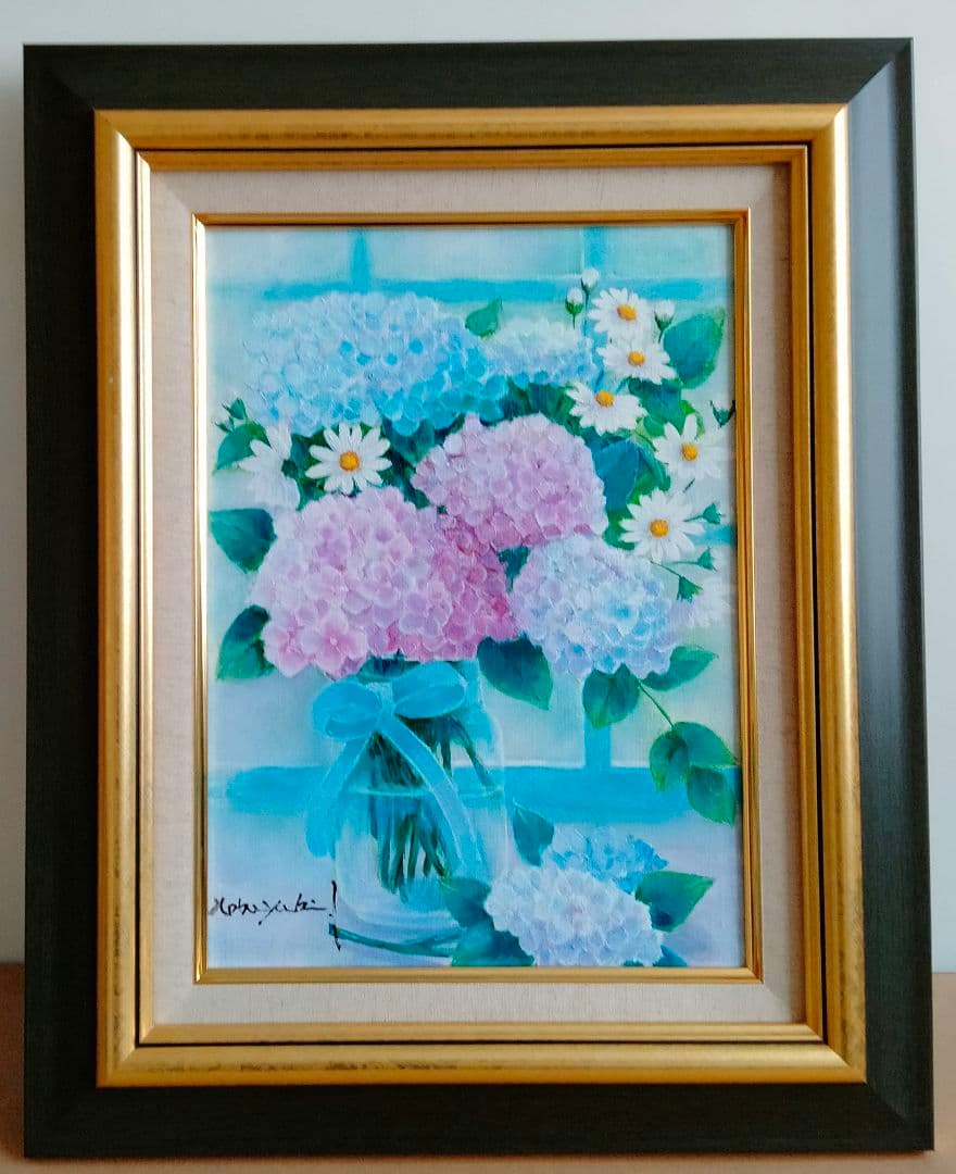 油絵 ガラス瓶に紫陽花 F４ 洋画家 池畠史幸 新作.肉筆画