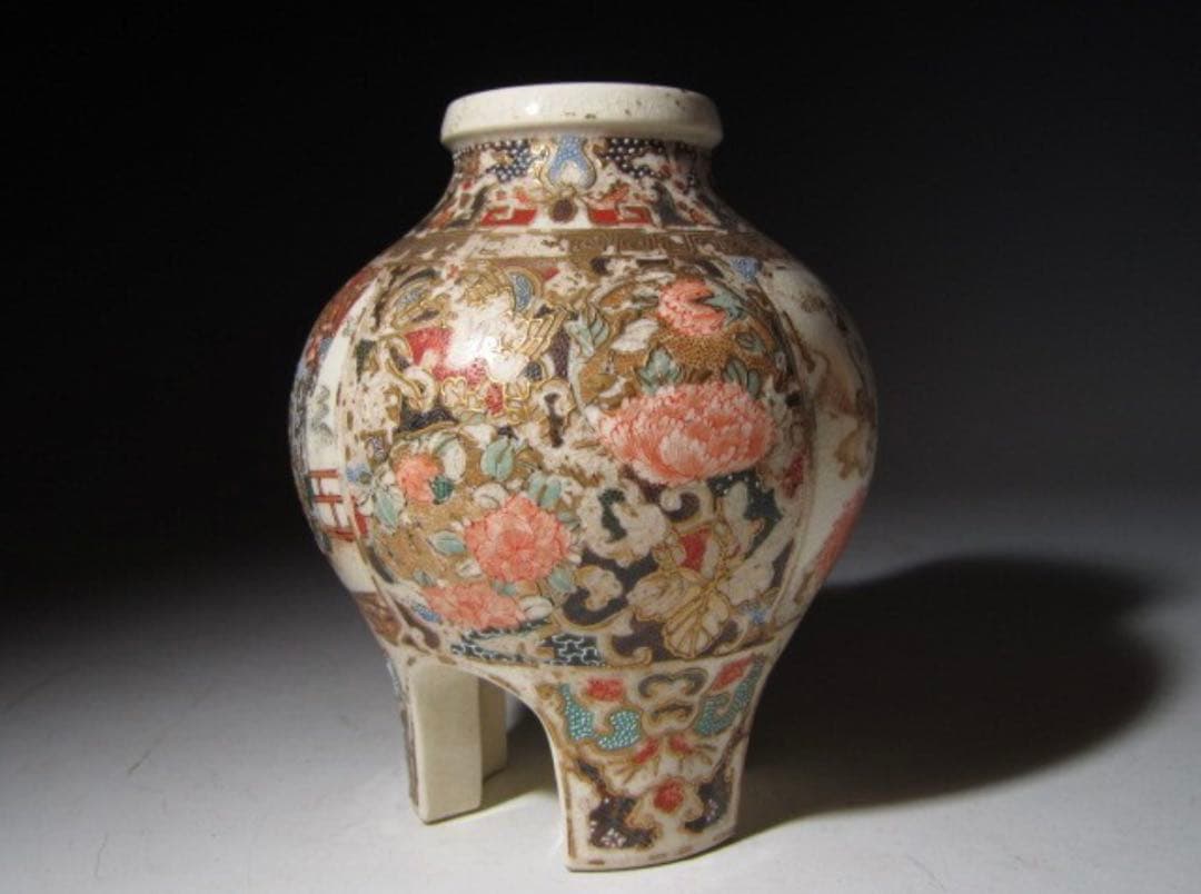 江戸期 京薩摩 帯山造 金襴手花入！7712