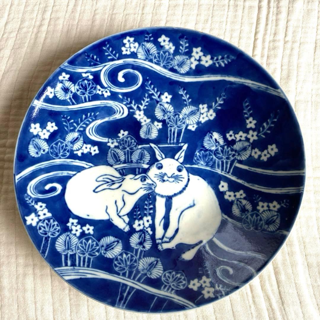 【レプリカ】伊万里　焼染付水葵に兎図大皿のレプリカ